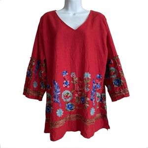 CALESSA Red Cotton Tunic Top Plus Size 1X Boho Embroidered Floral  V-neck Summer
